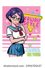 Anime girl with cute school uniform vector illustration. Tokyo Japan school girl in anime manga style with Y2k, cyberpunk, retrofuturism. Girl anime female manga cartoon. Japanese text is Kawaii Style