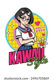 Anime girl with cute school uniform vector illustration. Tokyo Japan school girl in anime manga style with Y2k, cyberpunk, retrofuturism. Girl anime female manga cartoon. Japanese text is Kawaii Style