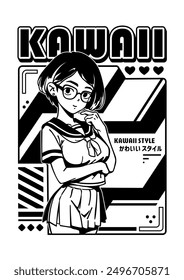 Anime chica con linda Ilustración vectorial de uniforme escolar. Niña escolar de Tokio Japón en estilo manga de anime con Y2k, cyberpunk, retrofuturismo. Chica anime manga femenino de dibujos animados. El texto japonés es de estilo kawaii