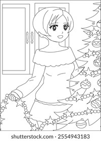 Anime girl decor Christmas tree line art coloring page Vector