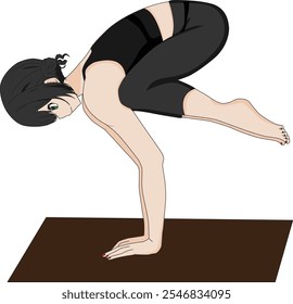 Anime chica haciendo Grulla Pose Yoga Vector Bakasana ilustración