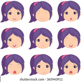 Anime girl emotion: joy, surprise, fear, sadness, sorrow, crying, laughing, cunning wink. Vector cartoon illustration