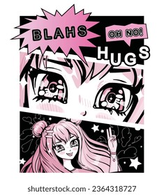 Ojos de anime. Colorida ilustración femenina kawaii. Cara bonita de mujer. Diseño de camisetas asiáticas