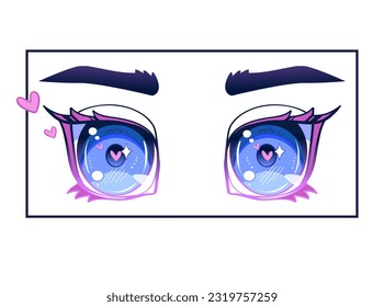 Anime girl eyes with heart. Anime eye looking up. Colorful Lash print. 