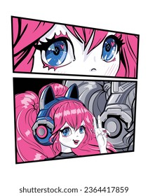 Anime girl eyes illustration. School girl face poster. Big eyes girl anime. Pink hair. Cat ears headphones on anime girl with pink hairdress