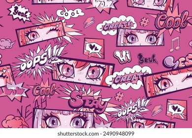 Anime girl eyes pattern with comics style text print, speech bubble, cloud, hearts. Anime eyes print for fashion textile, wrapping paper.