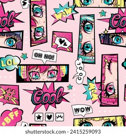 Anime girl eyes seamless pattern for fashion textile. Girlish Eyes repeat ornament. Manga girls on comics background with speech cloud, hashtag, text Cool, lol. Asian beauty face endless print