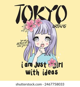 anime girl.big eyes , tokyo dreams slogan with flowers