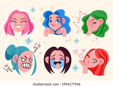 Anime girl face head emoji with different emotions expressions isolated on white background set. Vector flat cartoon graphic illustration