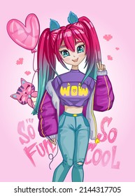 Anime girl and gradient pink hair style  Teenager hold pink balloon heart  Hand written text So fun  so cool  Manga teenager and pet kitten  Asian school girl and cat ears