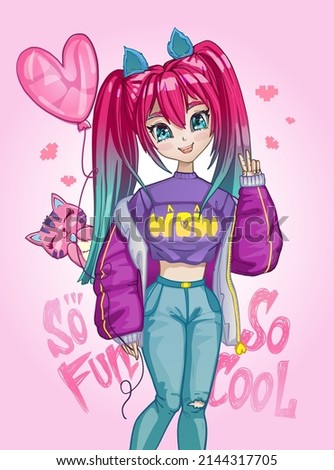 Anime girl with gradient pink hair style. Teenager hold on pink balloon heart. Hand written text So fun, so cool. Manga teenager with pet kitten. Asian school girl with cat ears