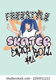 anime girl, graffiti slogan vector, skater street style graphic, cute girl