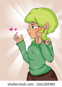 Anime girl with green hairs wears green sweater. Anime girl with big eyes and green hairs in green sweater and brown skirt. Her gestures point to someone.