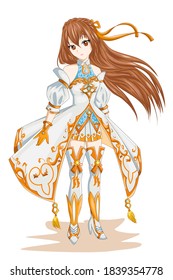 Anime Girl Hair Brown With White Gold Costume Character Game Illustration