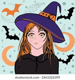 Anime girl Halloween with moon and bats illustration