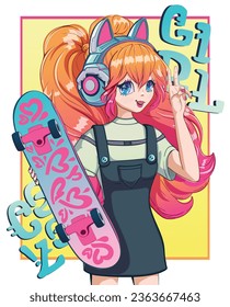 Anime girl hold on skateboard and wear headphones with cat ears. Colorful kawaii girl illustration.