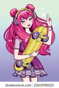 Ein Mädchen hält sich auf dem Skateboard und trägt Kopfhörer. Farbige kawaii Girl-Illustration. Teenagerweibchen