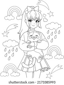 Anime Girl Holding Cute Cat In Her Arms. Vector Outline For Coloring Book.