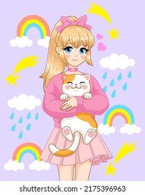 Anime girl holding cute kitten in her arms. Vector illustration 