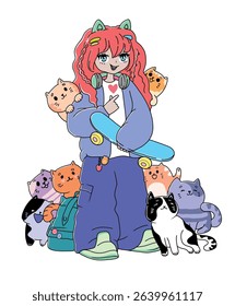 Anime girl holding skateboard and cute kittens around. Vector illustration with teenager girl with skate and cats. Girlish print for tee design