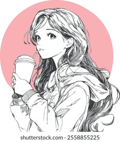 Anime girl in a hoodie drinking warm coffee takeaway outline design with pink circle on a background