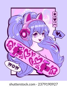 Anime girl illustration. asian Schooh girl and skateboard, headphones with cat ears.