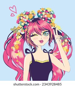 Anime girl illustration. Fancy girl print. Colorful hair. Manga style woman with long pink hair. Pretty young girl kawaii. Space buns hairstyle