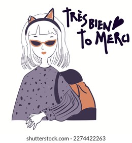 Anime Girl illustration with French slogan. French text means "very good you thank you". Vector graphic design for t-shirt. Cute girl drawing.