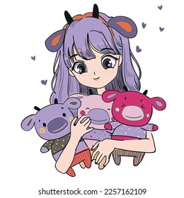 Anime Girl illustration with her toys Vector graphic design for t-shirt.