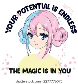 Anime Girl illustration  Japanese slogan.  Vector graphic design for t-shirt. magic girl drawing.