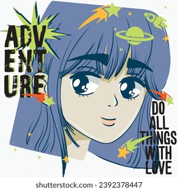 Anime Girl illustration with Japanese slogan. Japanese text means "be happy". Vector graphic design for t-shirt.