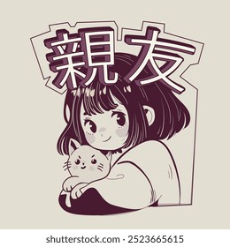 Ilustración de Anime Girl con eslogan japonés. El texto japonés significa "mejores amigos". Diseño gráfico de Vector para camiseta. Dibujo de niña linda hecha a mano.