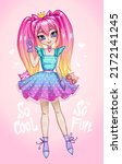 Anime girl illustration. Kawaii poster with princess. Cute vector japanese teenager girl in blue dress with dots pattern, long colorful pink hair and crown