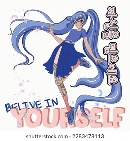 Anime Girl illustration with Korean slogan. Korean text means "believe in yourself ". Vector graphic design for t-shirt.