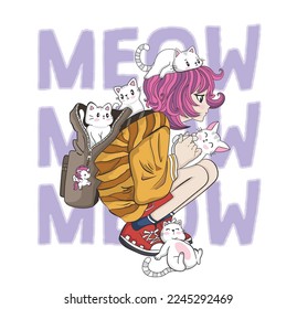 Anime Girl illustration and meow slogan Vector graphic design for t  shirt Manga girl character who loves little cute cats Greeting card  poster print  party concept children  books prints wallpapers 