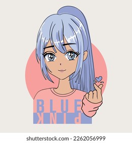 Anime Girl illustration with slogan. blue. pink. Vector graphic design for t-shirt.