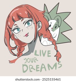 Anime Girl illustration with  slogan. Hand drawn cute girl and cute rabbit. Vector graphic design for t-shirt.