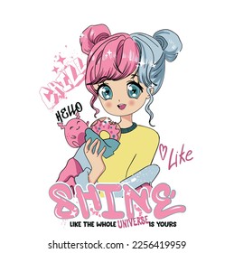 Ilustración de Anime Girl con eslogan. Diseño gráfico vectorial para camiseta.