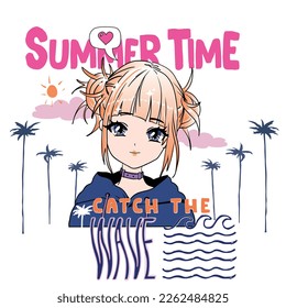 Anime Girl illustration with slogan. Vector graphic design for t-shirt. Summer time. Catch the wave. Cute girl drawing.