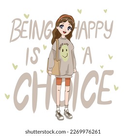 Anime Girl illustration with slogan.  Vector graphic design for t-shirt. Cute girl drawing