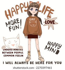 Anime Girl illustration with slogan.  Vector graphic design for t-shirt. Cute girl drawing. cute cat drawing