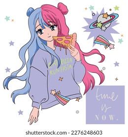 Anime Girl illustration with slogan.  Vector graphic design for t-shirt. girl eating pizza drawing.