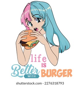 Ilustración de Anime Girl con eslogan. Diseño gráfico vectorial para camiseta. chica comiendo un dibujo de hamburguesa.