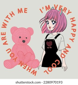 Anime Girl Illustration mit Slogan.  Vektorgrafik-Design für T-Shirt. Mädchen mit Bärenzeichnung. 