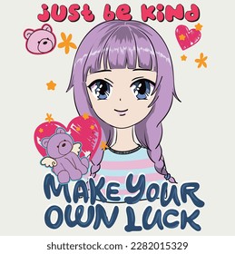 Anime Girl Illustration mit Slogan. Vektorgrafik-Design für T-Shirt. süße Zeichenkette. Teddybär mit animierter Illustration.