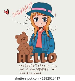 Ilustración de Anime Girl con eslogan. Diseño gráfico vectorial para camiseta. oso de peluche con dibujo de anime girl. linda ilustración de chica.