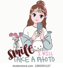 Anime Girl illustration with slogan. Vector graphic design for t-shirt. Cute girl with cat drawing. 