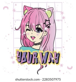 Cute Anime Girl with Purple Eyes and Pink Hair Stock Vector