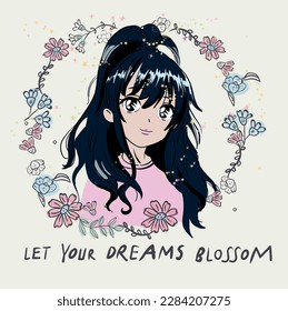 Anime Girl illustration with slogan. Vector graphic design for t-shirt. cute girl drawing.