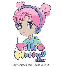 Ilustración de Anime Girl con eslogan. Diseño gráfico vectorial para camiseta. Dibujo de una chica linda